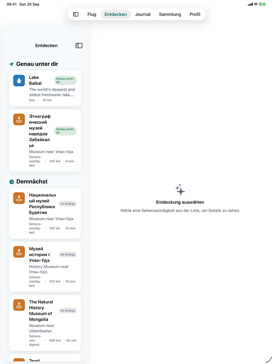 Sehenswürdigkeiten unter deinem Flugzeug in AirReveal auf dem iPad