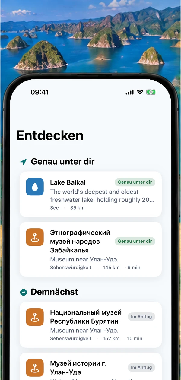 AirReveal-Bildschirm „Entdecken“ über einer Bucht mit grünen Inseln