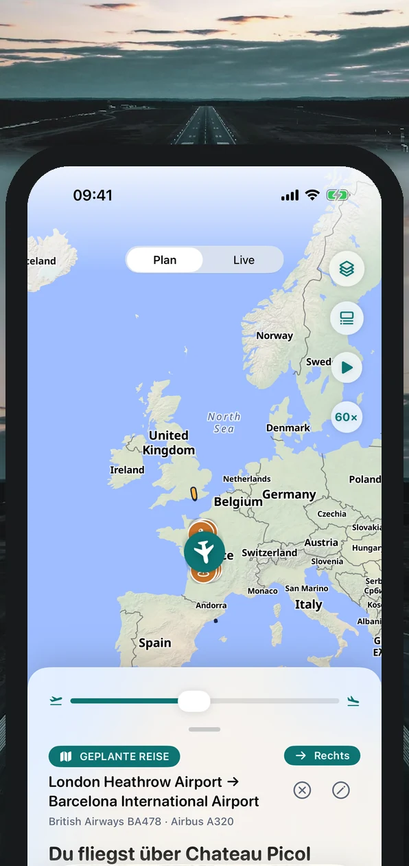 AirReveal-Bildschirm „Plan“ mit einer Routenvorschau über einer Landebahn bei Sonnenuntergang
