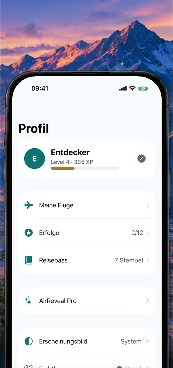AirReveal-Bildschirm „Profil“ mit Erfolgen und Passstempeln