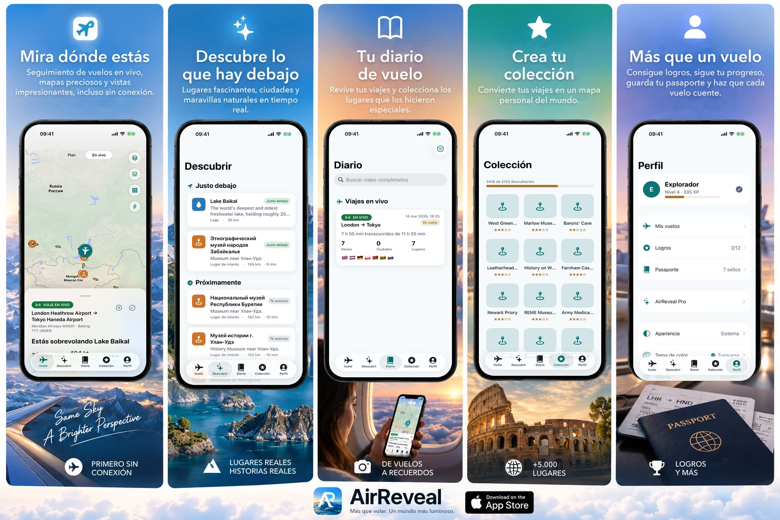 AirReveal en iPhone y iPad: mapa de vuelo, descubrimiento de lugares, diario de vuelo y colección