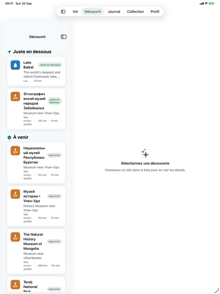 Sites sous votre avion dans AirReveal sur iPad