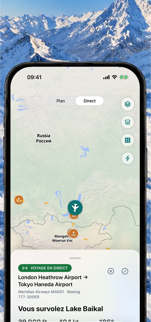 Suivi de vol en direct AirReveal au-dessus de montagnes enneigées