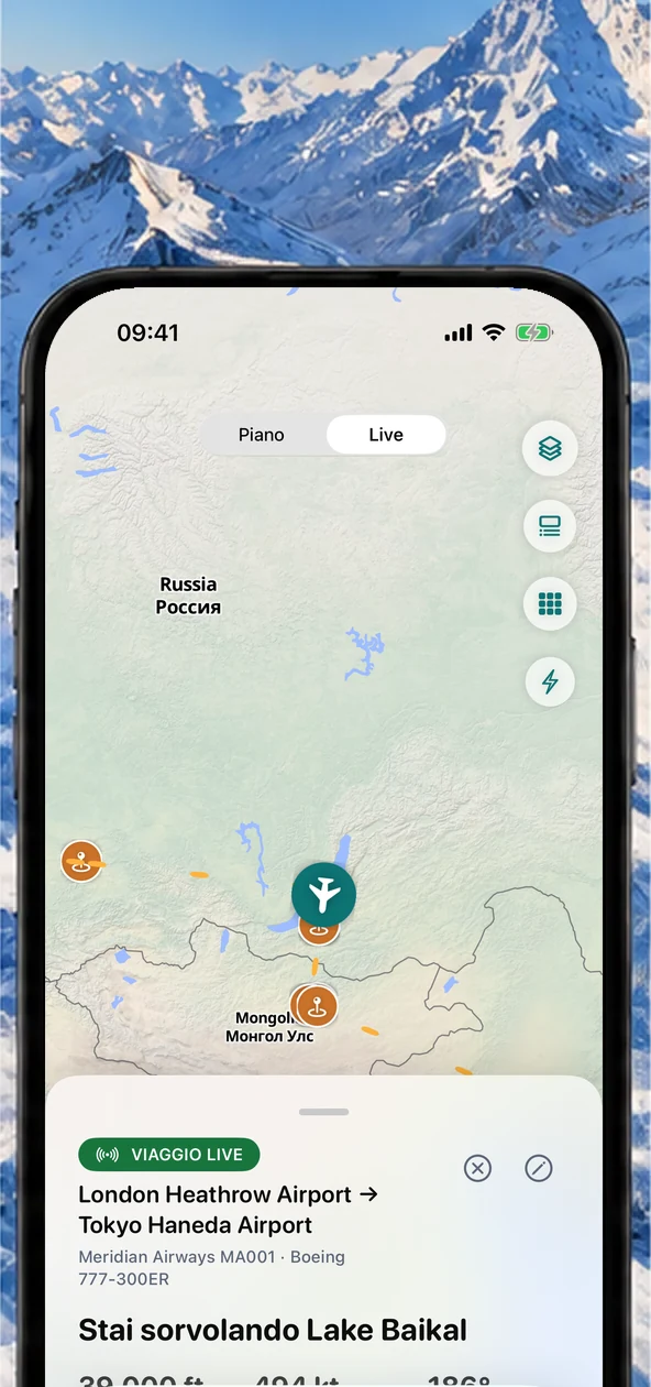 Tracciamento del volo in tempo reale di AirReveal sopra montagne innevate