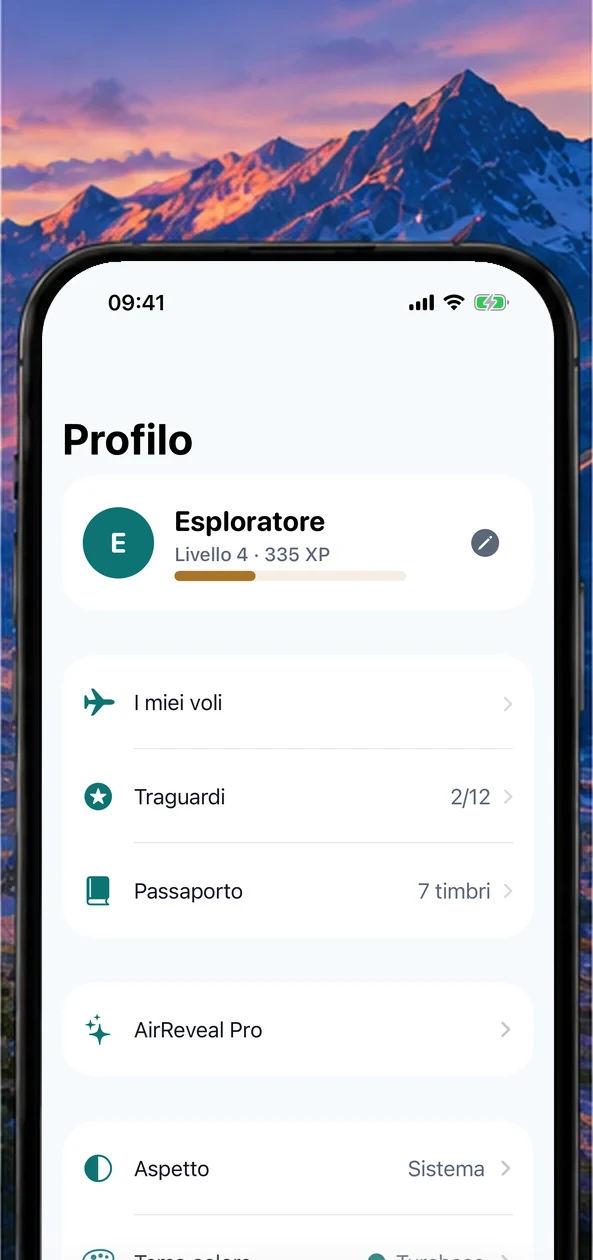 Schermata Profilo di AirReveal con traguardi e timbri del passaporto