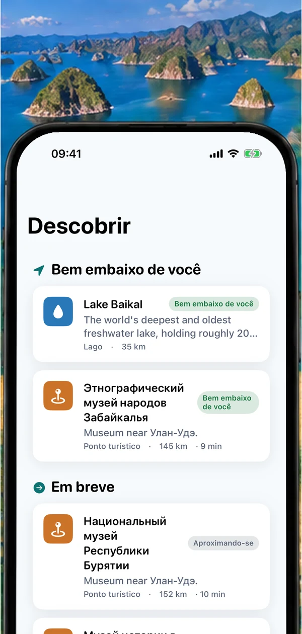 Tela Descobrir do AirReveal sobre uma baía de ilhas verdes